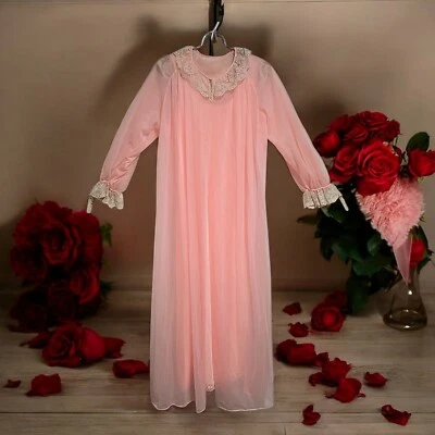 Kayser Vintage 60's Robe Nightgown Set Layered Lace Sz S Peach Cream Retro Boho - Image 1 of 4