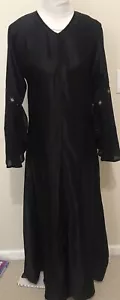 women's Black Satin Long Sleeves Abaya Maxi dress Dubai Bottom Down Front SZ M - Picture 1 of 9