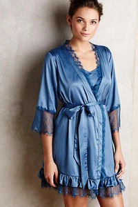 NWT ANTHROPOLOGIE Eloise Nika Ruffled Lace Trim Boudoir Robe stormy blue M L - Picture 1 of 2
