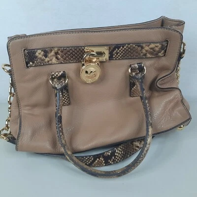 Bolso Cartera Michael Kors Hamilton Cuero Tostado Serpiente Cerradura Llave Mujer Foto 1 de 4