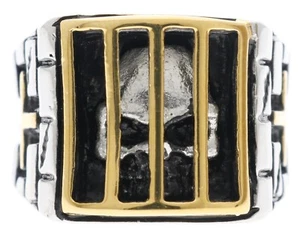 Skull Behind Bars Cross Gold Overlay stainless steel mens ring size 12 H6885 T64 - Picture 1 of 7