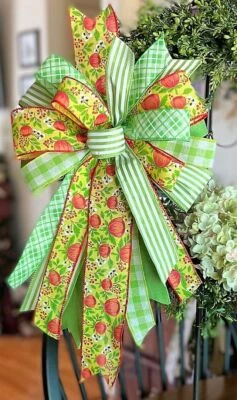 TANGERINE PEONIES FLORAL BOW WIRED for DOOR WREATH SWAG LANTERN # 23 -B - Image 1 of 3