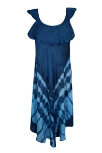 Teal Blue Tie Dye Sundress Uneven Hem Flared Scoop Neck Gypsy Hippie Dresses S/M