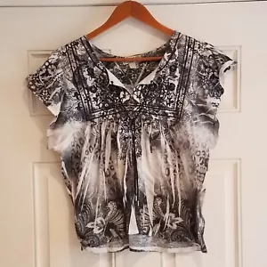One World Energe Bluse Damen XL grau Top Perlen Häkel Paisley Boho L-20 - Bild 1 von 12