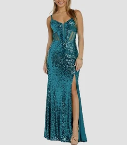 NWT $169 Morgan & Co Colette Mermaid Sequin Prom Dress Ball Size 7 Peacock Green - Picture 1 of 24