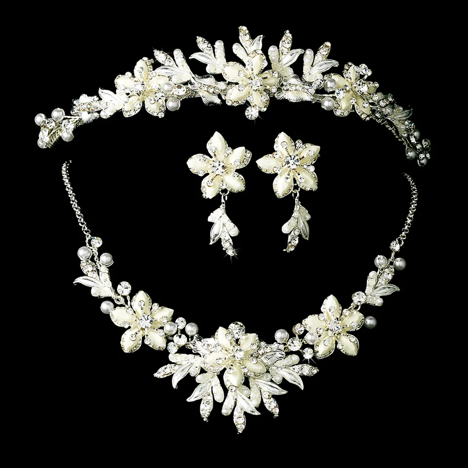 ¡¡OFERTA!! Conjunto de collar y tiara nupcial de perlas para boda, diseño floral, plata u oro Foto 1 de 3