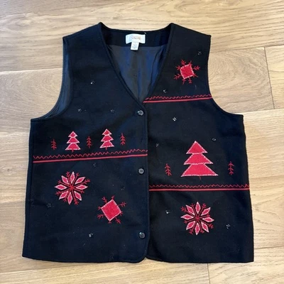Talbots Black Red Wool Christmas Tree Snowflake Vest Sz L Lined festive - Image 1 of 4