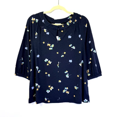 Top campesino Jill para mujer talla S azul marino juguetón amapolas tejido manga 3/4 cuello abierto Foto 1 de 4