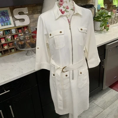 Sharagano Women’s Size 12 Belted Shirt Dress Roll Tab Sleeve Ivory Twill Pockets - Image 1 of 4