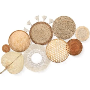 Sieral Set of 9 Wall Basket Decor Boho Hanging Rattan Flat Round Wicker Woven - Picture 1 of 7