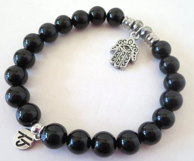 T. Jazelle Stretch Bracelet Black Onyx Hamsa Charm Hand of Fatima Protection - Image 1 of 4