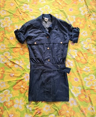 Mini Vestido Vintage Años 80 90 Denim Oscuro Cambray NR1 Abotonado Talla 6 S M Foto 1 de 4