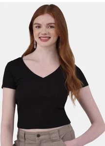 No Boundarie Short T-Shirt with V-Neck and Ribbéed for Woman Crop Black Soot XL - Bild 1 von 5