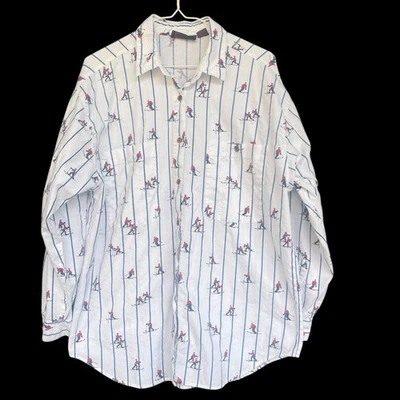Geoffrey Hunter Shirt Mens Large White Blue Striped Skier Print Button Up Cotton - Image 1 of 4