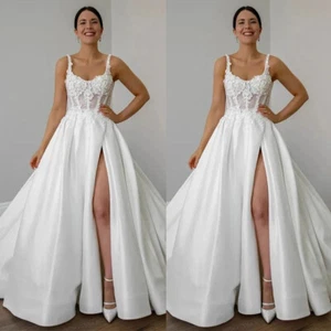 Satin Wedding Dresses with Slit Spaghetti Straps Bridal Gowns Vestido de novia - Picture 1 of 9