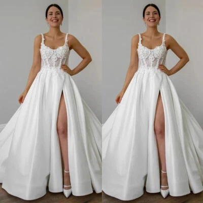 Satin Wedding Dresses with Slit Spaghetti Straps Bridal Gowns Vestido de novia - Image 1 of 4