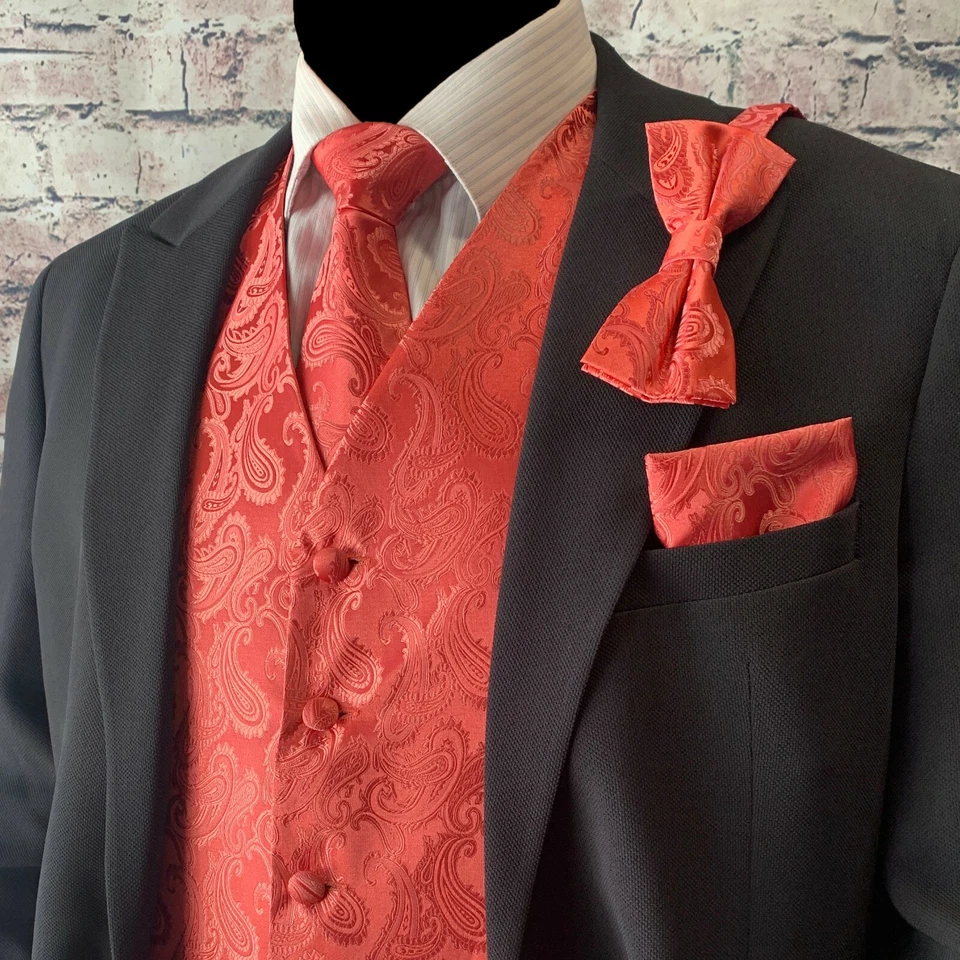 Paisley Dress Vest Necktie Bow tie Hankie for Suit or Tuxedo Prom Wedding 4pcs - Image 1 of 3