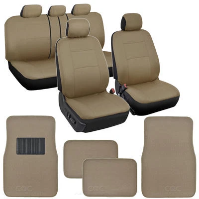 Car Seat Covers & Floor Mats Set Split Bench - Solid Beige Tan Polyester Cloth - Image 1 of 4