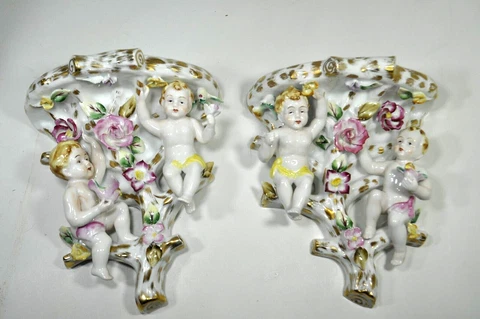 Vintage Noritake Capodimonte Cherub Porcelain Wall Sconce Shelf Pair Set #6834 Cover