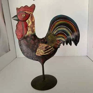 Rooster Metal Decor Puffed Pedestal Painted Red Brown 12" Barn Yard - Picture 1 of 9