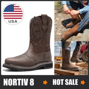 Herren Stahlkappe Westernstiefel Cowboy Leder Arbeitsstiefel - Dunkelbraun 8-13 - Bild 1 von 14