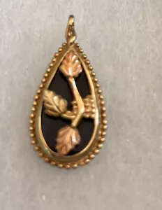 Black Hills 10k Yellow Gold Leaf Design Black Onyx Teardrop Pendant Only 1.25” L - Picture 1 of 8