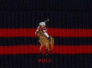 Polo RALPH LAUREN Men's Beanie Hat Blue Polo Riding Bear Striped Cuff Skully - Picture 1 of 8