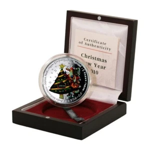Árbol de Navidad Liberia $10 2010 color 2 oz prueba corona plata caja como nueva y certificado de autenticidad - Imagen 1 de 3