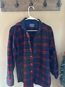 Vintage Pendleton 100% Virgin Wool Long Sleeve Sz Large Red Blue Plaid Stripe - Picture 1 of 5