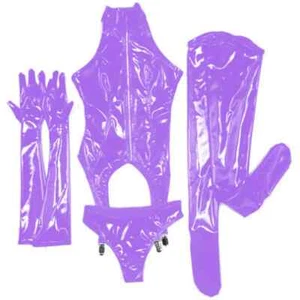 Plus Size Women Shiny PVC 4 Pcs Bodysuit Bodycon Sexy Lingerie Set Shiny Catsuit - Picture 1 of 23