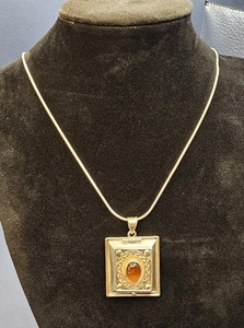 Medaglione vintage argento sterling 925 ambra + collana argento sterling 925 24" - Foto 1 di 18