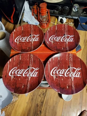 Coca-Cola Collector Plates Set of 4 Markings by C.R. Gibson Red Wood Look 10.5" - Image 1 of 4