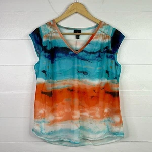 WORTHINGTON Blue Orange Beach V Neck Cap Sleeve Shirt Top Size Petite Large - Picture 1 of 11