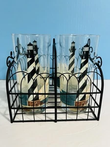 By The Sea Nautical Highball Drinking Glasses~Lighthouse Sailboat Sakura W/Case - Picture 1 of 10
