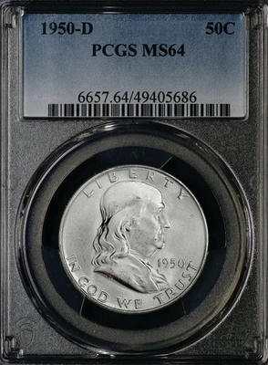 1950-D Franklin Half Dollar Silver Uncirculated, PCGS MS64, White  686 - Image 1 of 4