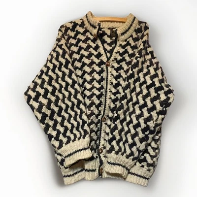 90s Vintage Nuca Huasi Size Large Ivory Black Sweater Cardigan Chunky Wool - Image 1 of 3