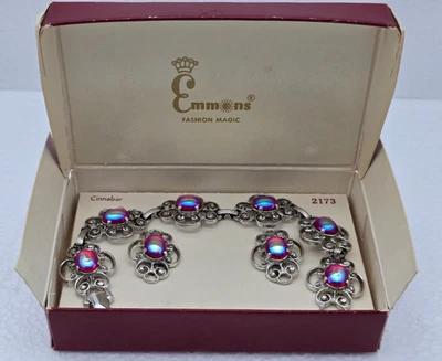 1960s EMMONS Silver Tone Filigree Bracelet & Earrings w Red AB Cabochons in Box - Image 1 of 4