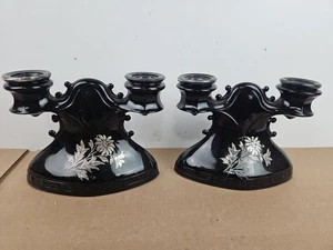 Vintage Black Amethyst Candleholder Pair LE SMITH Mt Pleasant Black Glass - Picture 1 of 10