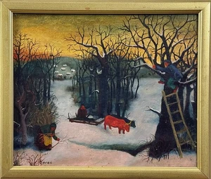 Vintage Naive Winterlandschaft (nach Josip Generalić), signiert (um 1960) - Bild 1 von 8