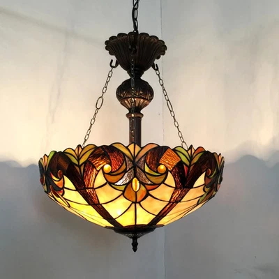 Inverted Ceiling Pendant Fixture Stained Glass Tiffany Style Victorian Design - Image 1 of 2