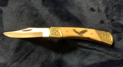 Vintage Hunter Pocketknife Bone Handle Scrimshaw Eagle Engraved Bolsters Sheath - Image 1 of 4