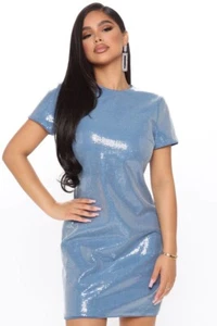 Fashion Nova NEW NWT RARE Blue Sequin Dress Shift Mini Short Sleeve Small S - Picture 1 of 3
