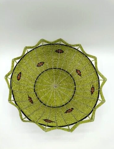 Vintage Seed Bead Bowl Peridot Green with Rust and Black Accents Southwest Style Cover