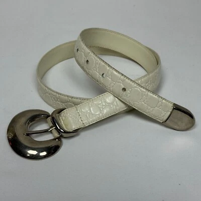 Cinturón Ann Taylor Cuero Genuino Marfil Grande Cocodrilo Repujado Hebilla Plateada Foto 1 de 4