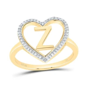 10K Yellow Gold Diamond Women's Block Letter Z Initial Heart Frame Ring 1/10 CT - Picture 1 of 1