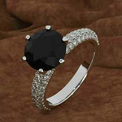 14K White Gold Plated 1.30CT Round Lab Created Black Diamond Women Wedding Ring - Image 1 of 4