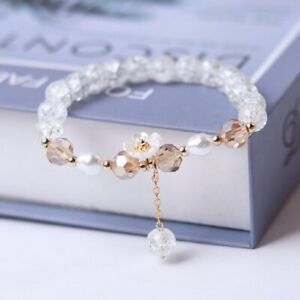 White Crystal Beads Flower Lucky Bracelet Elastic Bangle Women Party Jewelry New
