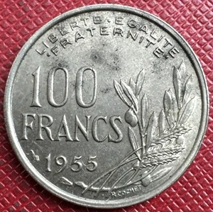 France 1955 Copper-Nickel 100 Francs. Wide Ribbon Headdress.  KM# 919 - Picture 1 of 2