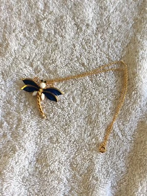 New Dragonfly Necklace Blue & Gold Enamel White Faux Stone Gold Tone #704 J-12 - Image 1 of 4