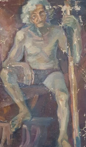 Antigua pintura al óleo expresionista retrato de hombre desnudo - Imagen 1 de 12